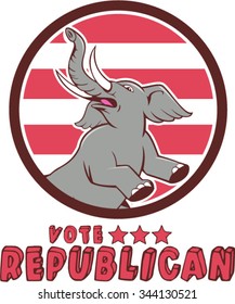 Illustration of a republican elephant mascot of the republican party prancing looking up to the side set inside circle with red stripes the background done in cartoon style with words Vote Republican.