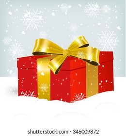 illustration of res Christmas gift box decorated with a gold ribbon on snow