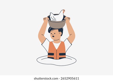 Illustration of Rescue Team Saves Chicken from Floods