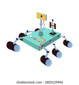 Illustration With A Research Rover Isolated On A White Background. Robotic Autonomous Vehicles For Space Exploration. Mars Rover With Camera, Antenna,wheels, Flat Vector Illustration.For Space Designs