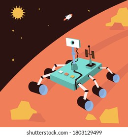 Illustration With A Research Rover On The Surface Of Mars. Robotic Autonomous Vehicles For Space Exploration. Mars Rover With Camera, Antenna, Wheels, Flat Vector Illustration. For Space Designs.