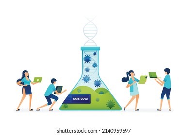 Illustration of research and studies related to chemical and biological reactions of dna covid 19 for treatment vaccine discovery. Can be used to landing page, website, mobile apps, brochure, flyer