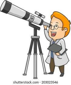 Illustration of a Researcher Using a  Long Range Telescope