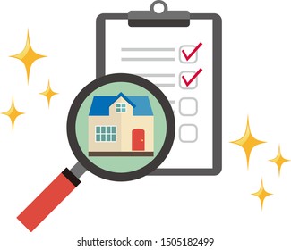 Illustration of a residence. House illustration.Binder and pen.
House assessment.Magnifying glass