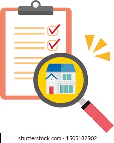 Illustration of a residence. House illustration.Binder and pen.
House assessment.Magnifying glass