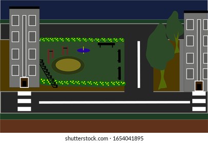 illustration of a residential area at dusk, two apartment buildings, a playground with a sandpit, swings and benches, trees, flowering bushes, road crossings, markings, pedestrian crossings,