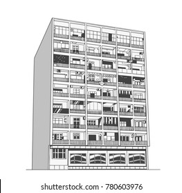 Illustration of residential and commercial building in perspective, black and white