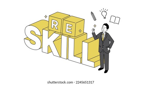 Illustration of Reskilling, featuring an middle-aged man and text, in vector format.