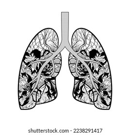 Illustration of respiratory organs, lungs. Lace flower pattern