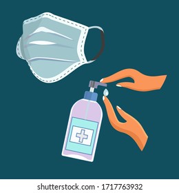 
illustration of respiratory protective mask and hand sanitizer. cartoon style design.