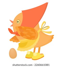 Illustration of responsible speaking red hen with egg.  Hen laid an egg. Print for kids clothes and books. Hen in headscarf, apron and slippers.