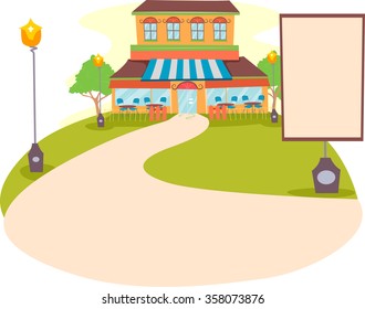 Illustration of a Restaurant with a Blank Sign Standing by the Driveway