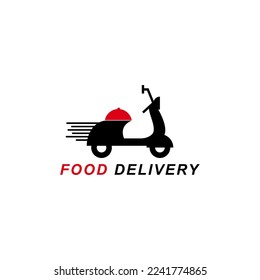 Illustration of restaurant and cafe business logo. Food delivery logo design vector. Food pictograms, motorbike icons delivering food orders