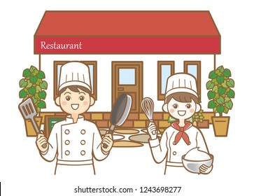 Illustration of restaurant and cook