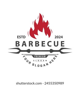 Illustration of a restaurant design with a vintage barbecue logo concept with the concept of a fire burning on a simple bbq hot grill