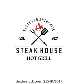 Illustration of a restaurant design with a vintage barbecue logo concept with the concept of a fire burning on a simple bbq hot grill