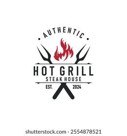 Illustration of a restaurant design with a vintage barbecue logo concept with the concept of a fire burning on a simple bbq hot grill