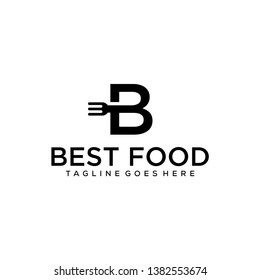 Illustration of restaurant with initials B with a fork cut straight in the middle logo design.