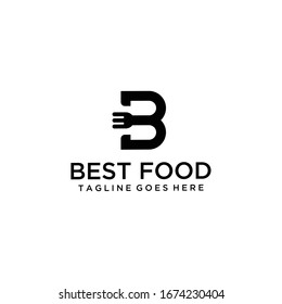 Illustration of restaurant with initials B with a fork cut straight in the middle logo design.