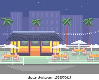 Illustration of a Restaurant with Lights,  Palm Trees and Outdoor Seating
