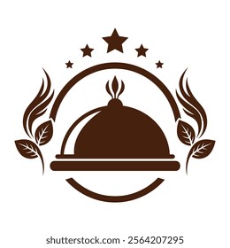 Illustration of a restaurant logo with elements of spoons, caps, leaves and stars. Can be used as a healthy food concept for grocery stores, cafes, restaurants, corporate identities.