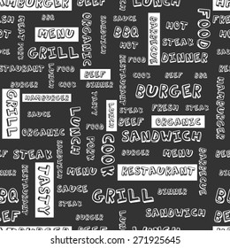 Illustration with restaurant typography design. Seamless pattern with steak grill elements . Organic meat menu. Vector