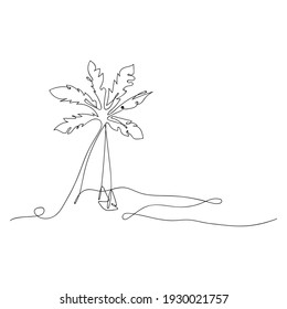 Illustration of a resting place created in the style of line art. It shows the beach, swing hanging on a palm tree. Illustration from a continuous line on a white background for design, decor.