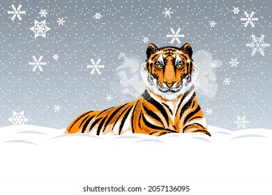 Illustration of a resting red-haired tiger on the background of a winter snowy day.