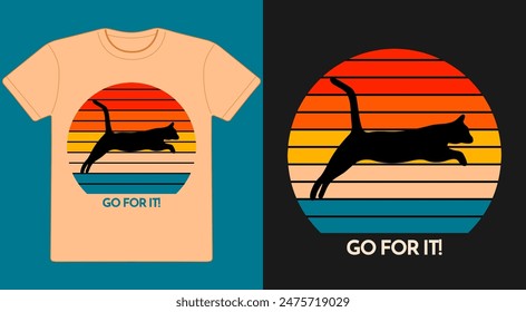 Illustration in retro 1980s style with a black cat silhouette and sunset t-shirt design and the text go for it