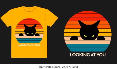 Illustration in retro 1980s style with a black cat silhouette and sunset t-shirt design and the text looking at you