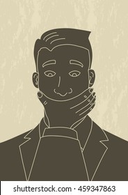 Illustration in retro art style of a man with his mouth being covered by other man's hand