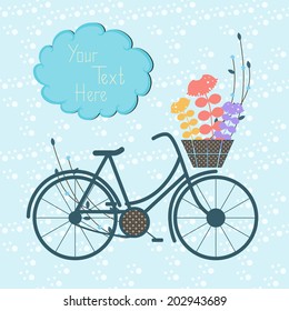 Illustration with retro bicycle and flowers. Invitation card with bicycle. 