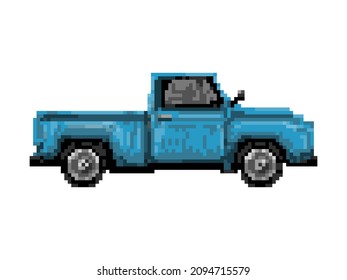 Illustration of retro blue pick up car in pixel art style