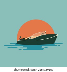 Illustration of a retro boat in the flat style. Boat on the background of the sun.