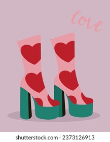 Illustration with Retro Boots and Love Pattern