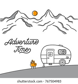 Illustration with a retro camper on the background of mountains. Line style. Logo.