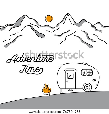 Illustration with a retro camper on the background of mountains. Line style. Logo.