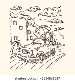 Illustration of retro car driving in tropical urban city,
line art drawing for shirts or decorative paintings