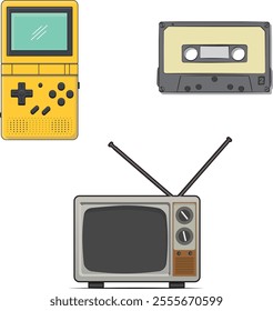 Illustration of retro cassette, gamepad and television