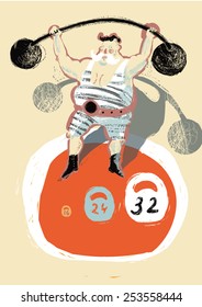 Illustration with retro circus tent athlete which holds a rod