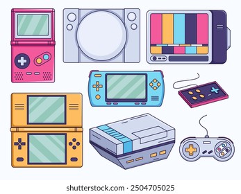 Illustration of a retro or classic gaming console and classic handheld portable console. 
This illustration features an assortment of popular video game consoles from that era and a classic TV. 