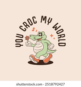 ilustração de personagem de desenho animado de crocodilo retro andando carregando flores