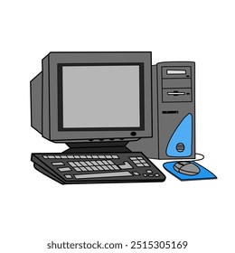 Illustration of a retro desktop computer setup featuring a CRT monitor, keyboard, and mouse. Perfect for technology, nostalgia, and vintage-themed projects.