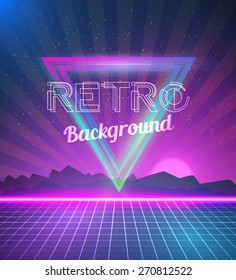 Illustration Of Retro Disco 80s Neon Poster Made In Tron Style With Triangles, Flares, Partickles