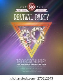 Illustration Of Retro Disco 80s Neon Poster Made In Tron Style With Triangles, Flares, Partickles