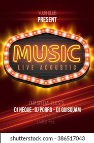 Illustration of Retro Disco 80s Neon Poster Music Live Acoustic.
