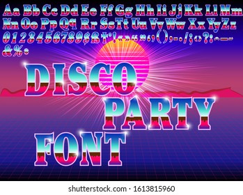 Illustration of a retro disco party bright font on sunset background