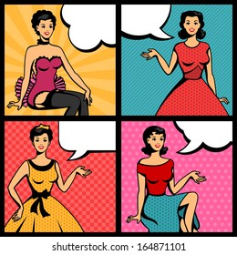 Illustration of retro girls in pop art style.