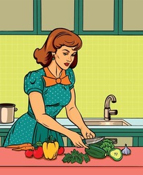 Illustration Of Retro Housewife Chopping Vegetables In Kitchen . Vector Illustration. Comic Book Pop Art Graphic Style