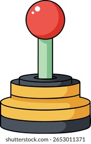 Illustration of a retro joystick controller featuring a red handle and yellow base, designed for video game playing in a simple cartoon style. Playful and nostalgic.